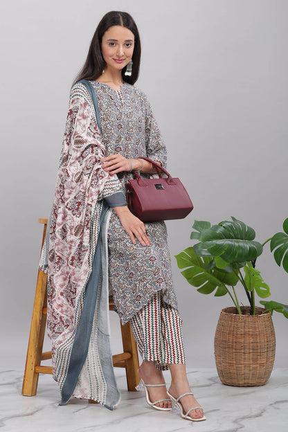 Firdous Rayon Grey Kurta Set with Dupatta - BulBul