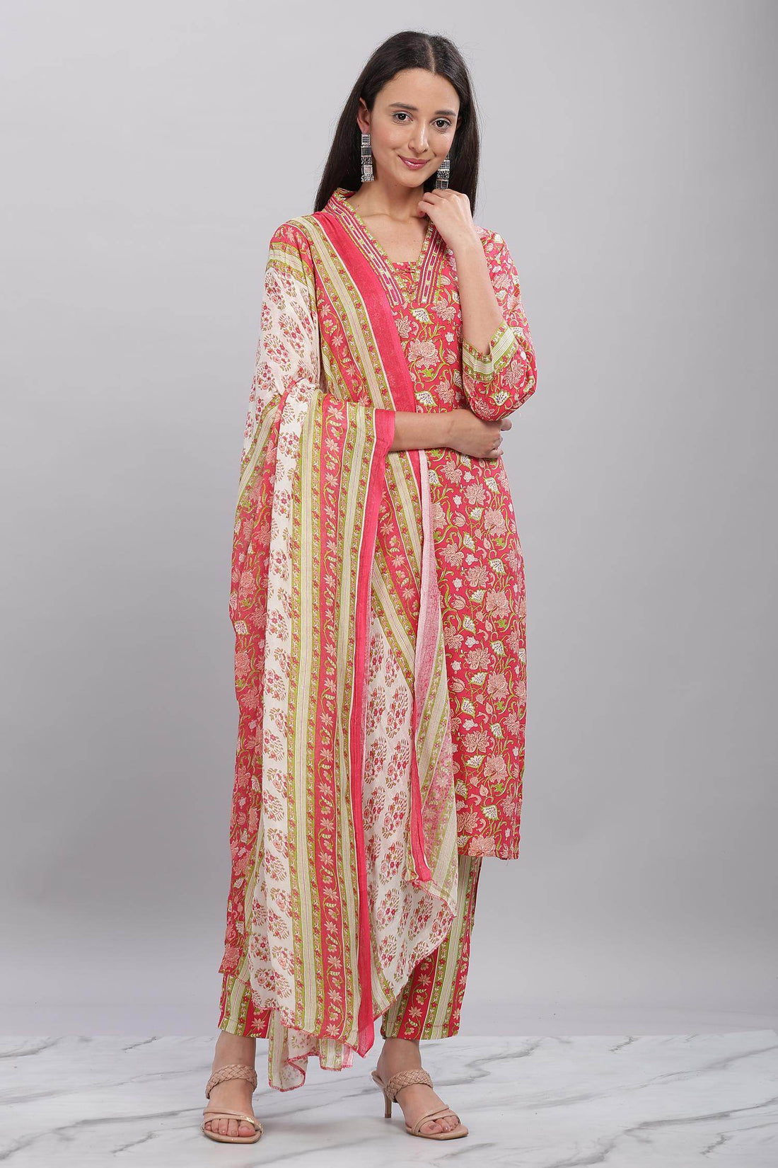 Firdous Rayon Red Kurta Set with Dupatta - BulBul