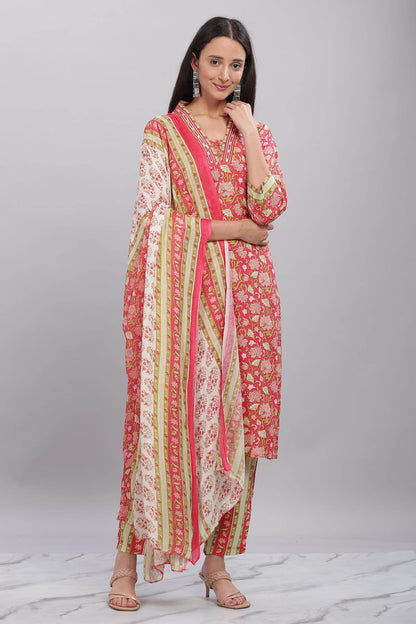 Firdous Rayon Red Kurta Set with Dupatta - BulBul