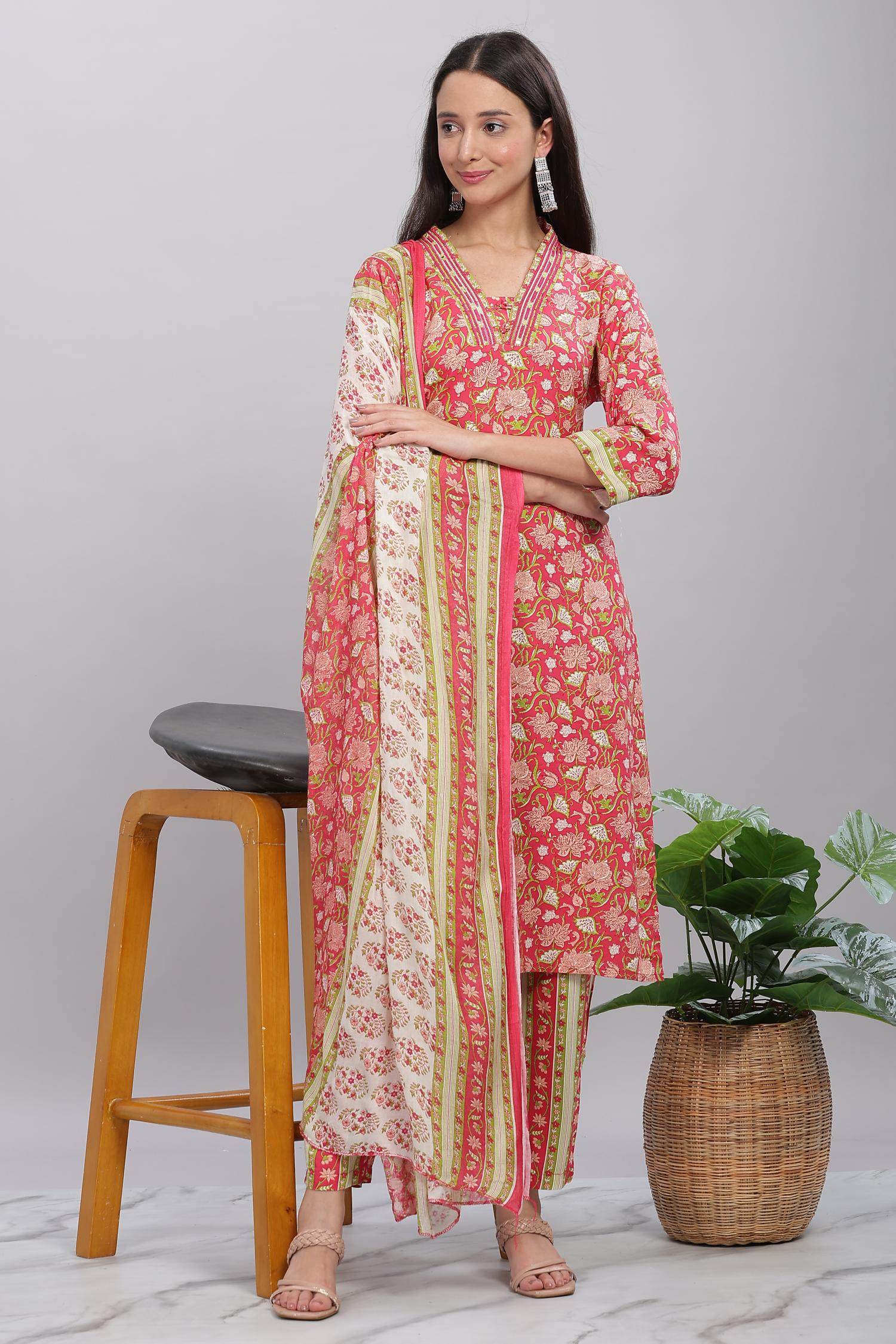 Firdous Rayon Red Kurta Set with Dupatta - BulBul