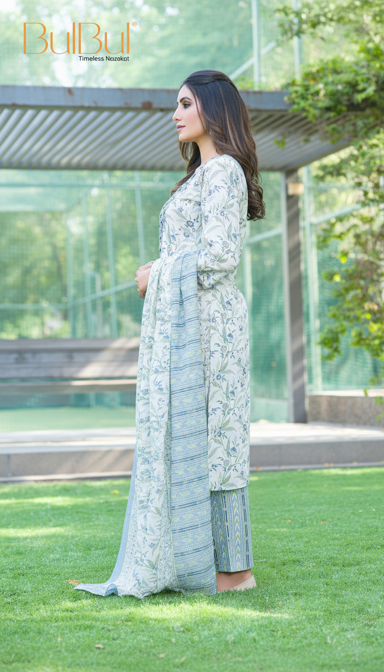 Pure Cotton Fashionista Blue Floral Printed Kurta Set with Mirror & Thread Embroidered Neckline