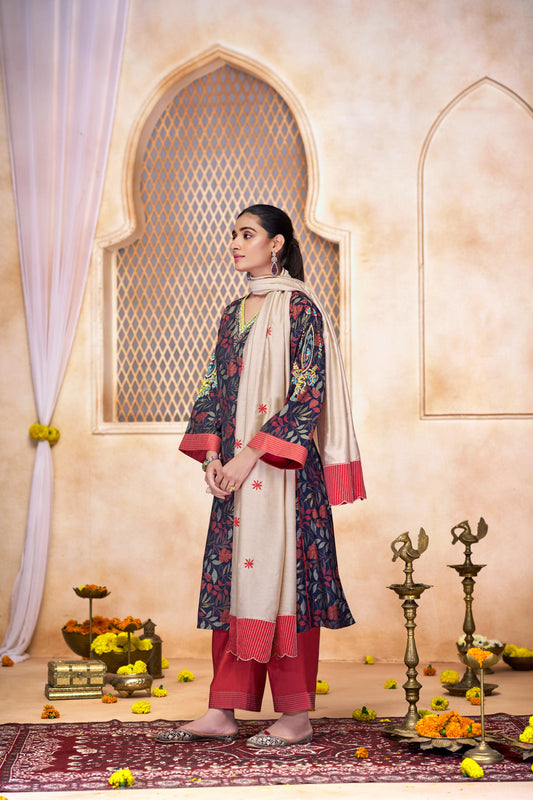 Rashmi Navy Multi-Color Hand Embroidered & Hand Embellished Suit Set with Zari, Dabka, Bead and Sequins Work in Chanderi Silk with Pure Cotton Mul Lining