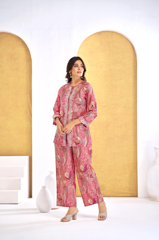 Modal Chanderi Saumya Rust Printed Co-Ord Set with Hand Beaded Placket and Sleeve Detailing