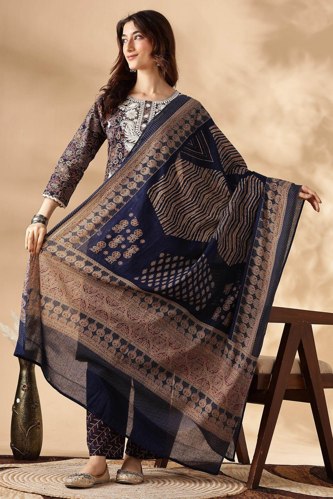 Cotton Navy Kurta Set with Dupatta - BulBul