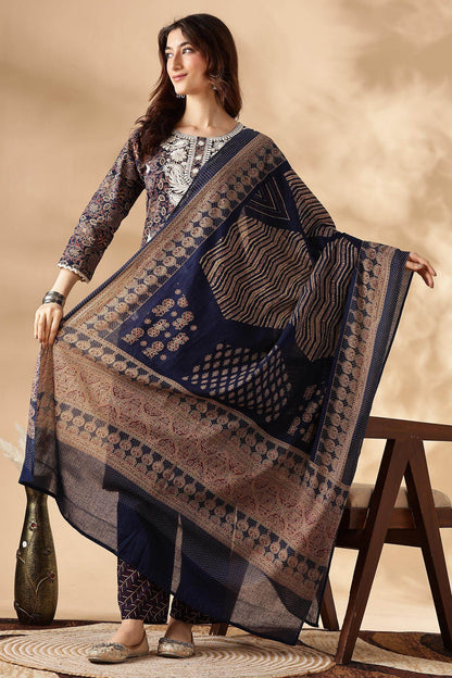 Cotton Navy Kurta Set with Dupatta - BulBul