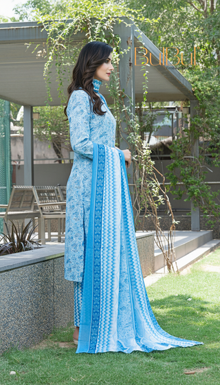 Pure Cotton Blue Floral Printed Kurta Set with Silver Zari Thread & Sequin Embroidered Placket