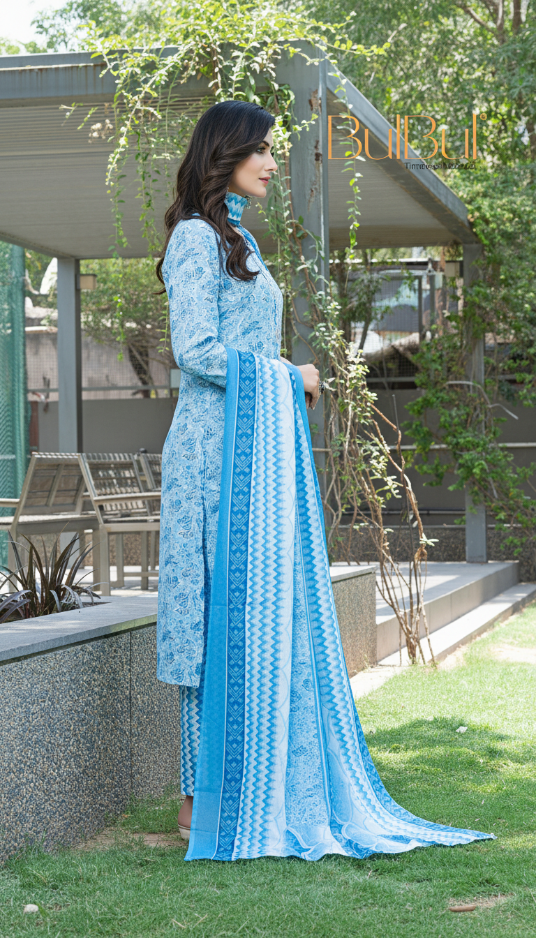 Pure Cotton Blue Floral Printed Kurta Set with Silver Zari Thread & Sequin Embroidered Placket