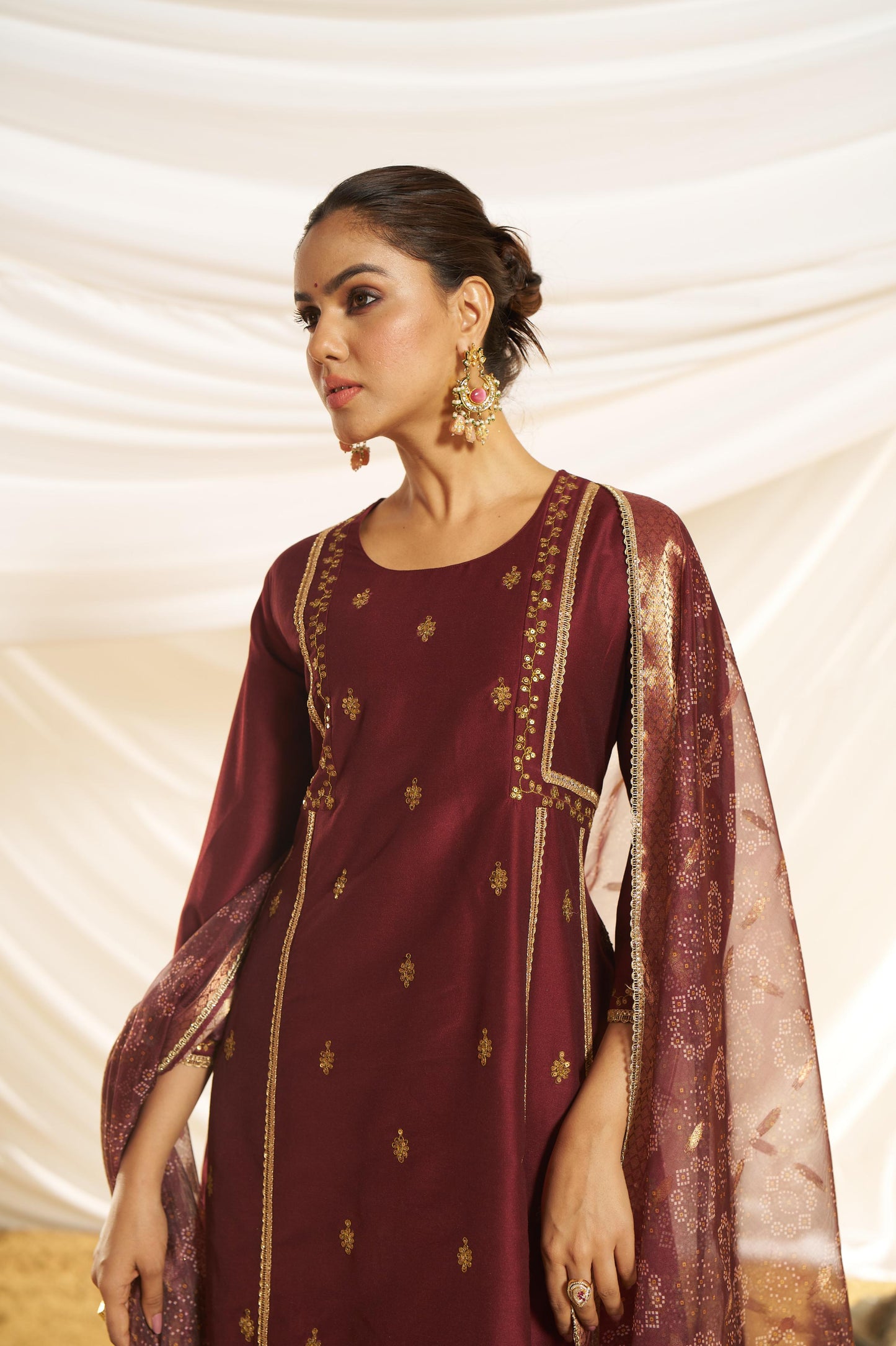 BulBul Women Kayra Maroon Embroidered Premium Silk Suit With Dupatta