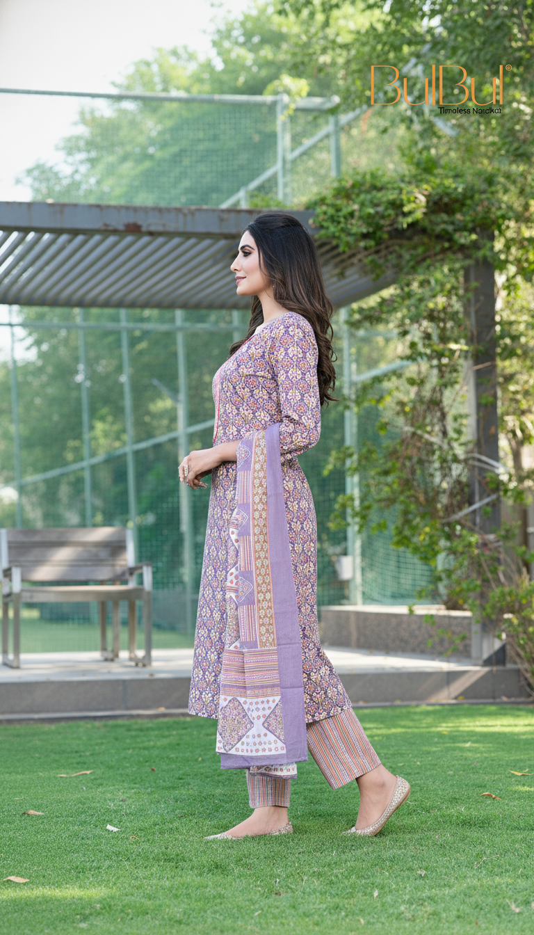 Pure Cotton Fashionista Purple Printed Kurta Set with Thread Embroidery, Mirror & Sequin Detailed Neck Panel and Dupatta