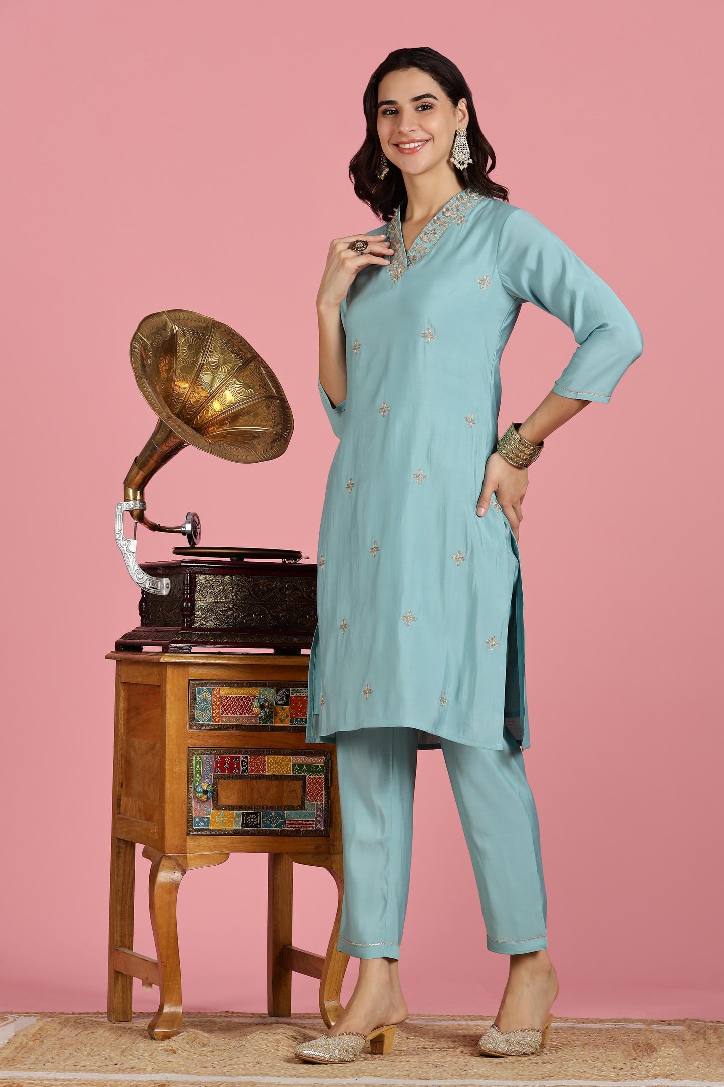 Women Sky Blue Dori Embroidered Roman Silk Kurta Set