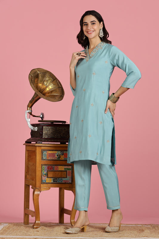 Sky Blue Chanderi Silk Kurta Set with Zari Embroidered Neckline, Sequin Detailing and Cotton Mul Lining