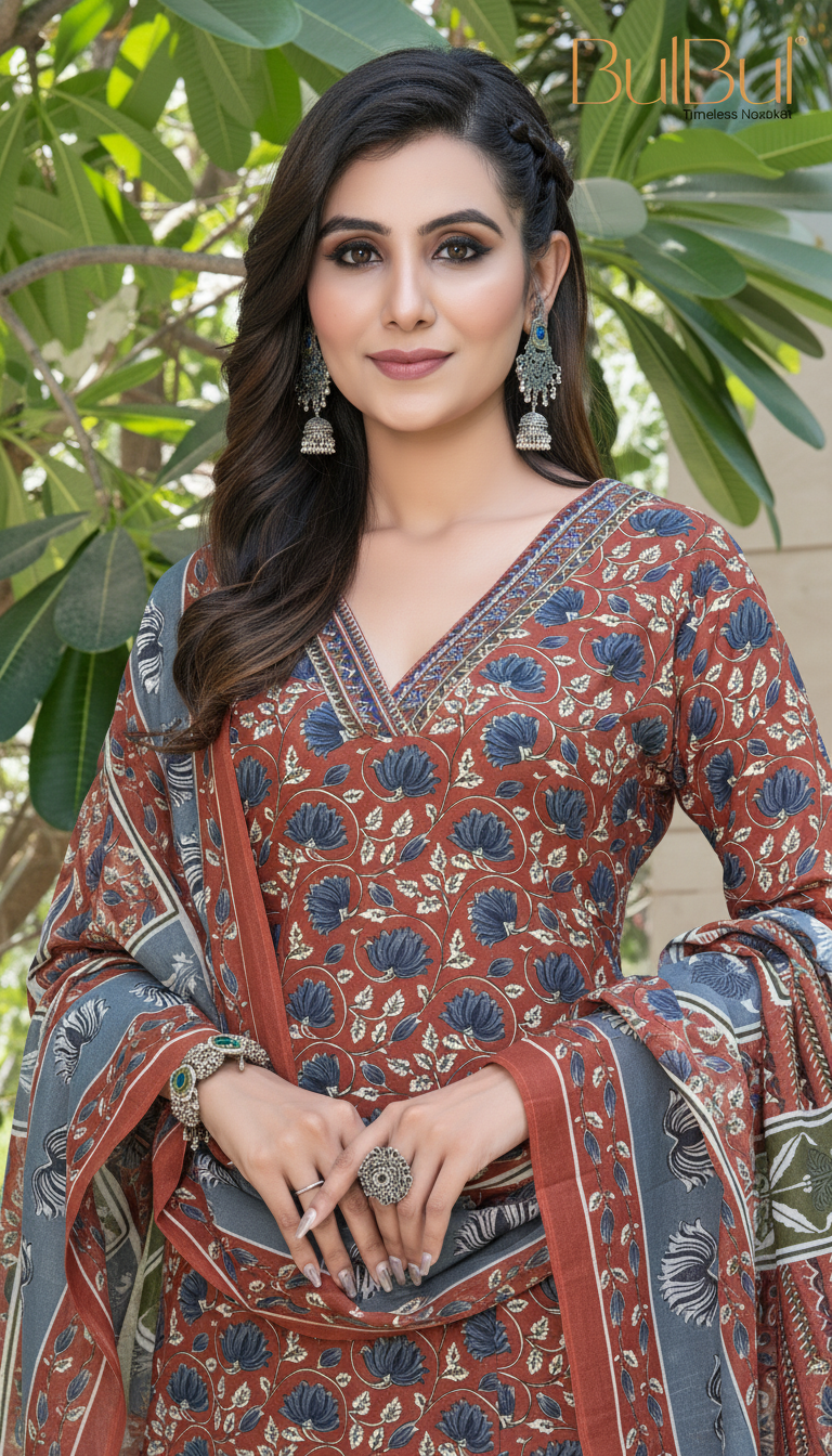 Pure Cotton Fashionista Rust Floral Printed Kurta Set with Contrast Thread-Detailed V-Neck and Dupatta