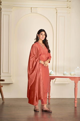 Mira Rust Silk Kurta Set with Dupatta - BulBul
