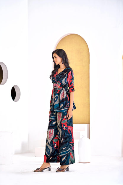 Kalki Blue Modal Chanderi Co-Ord Set with Hand Embellished Mirror and Bugle Bead Detailing