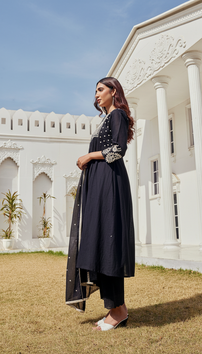 Abhilasha Pure Cotton Linen Black Kurta Set with Intricate Thread Embroidery and Mirror Accents, Embroidered Sleeves and Cotton Mul Lining