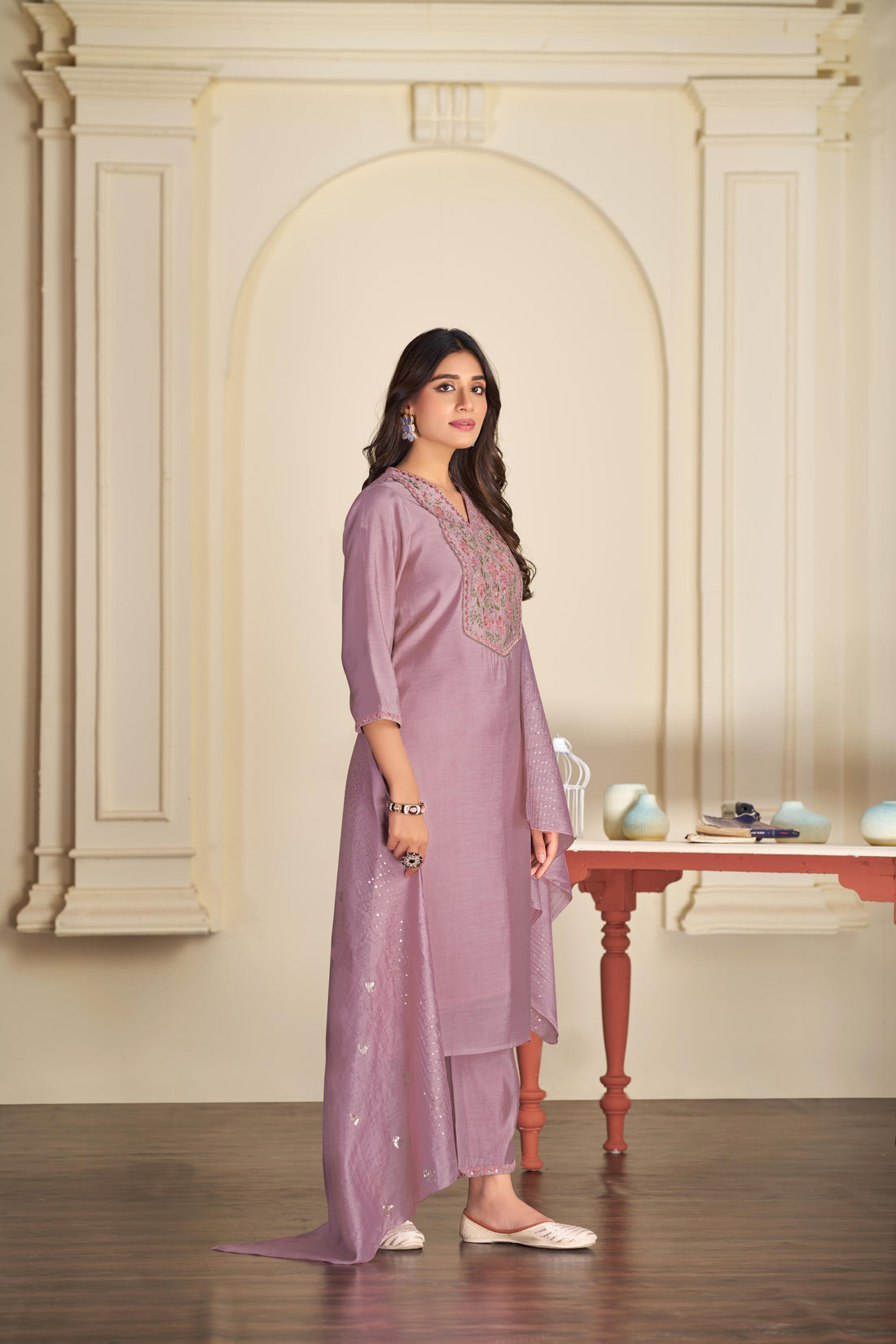 Preksha Mauve Multi-Color Floral Embroidered Kurta Set with Hand Sequin Work & Sequin Dupatta in Chanderi Silk with Cotton Mul Lining