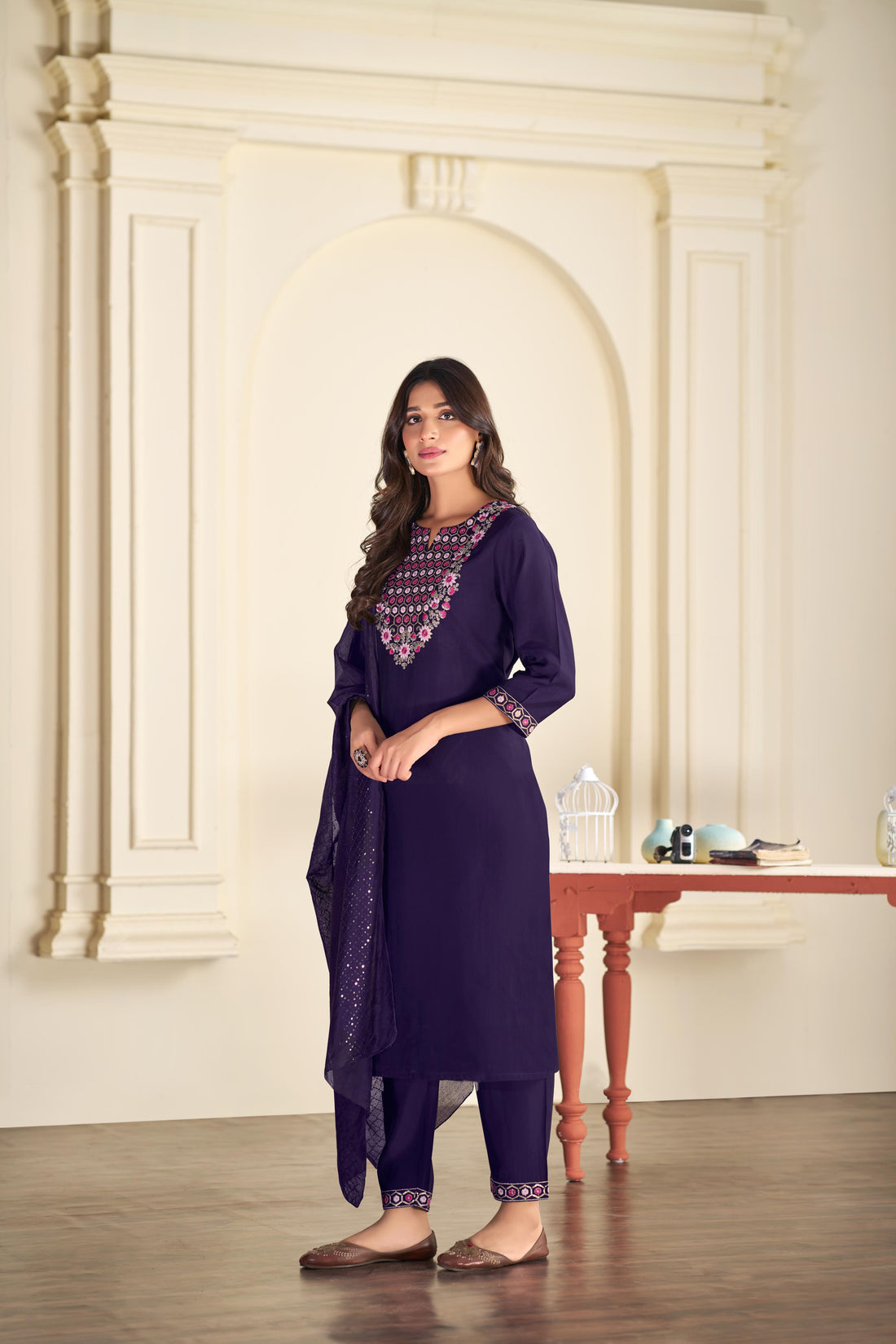 Samira Purple Multi-Color Floral & Jaali Embroidered Yoke Kurta Set with Sequin Work Dupatta in Chanderi Silk with Cotton Mul Lining
