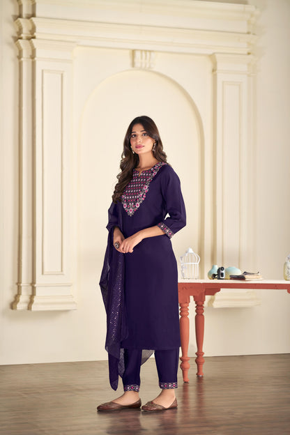 Samira Purple Multi-Color Floral & Jaali Embroidered Yoke Kurta Set with Sequin Work Dupatta in Chanderi Silk with Cotton Mul Lining