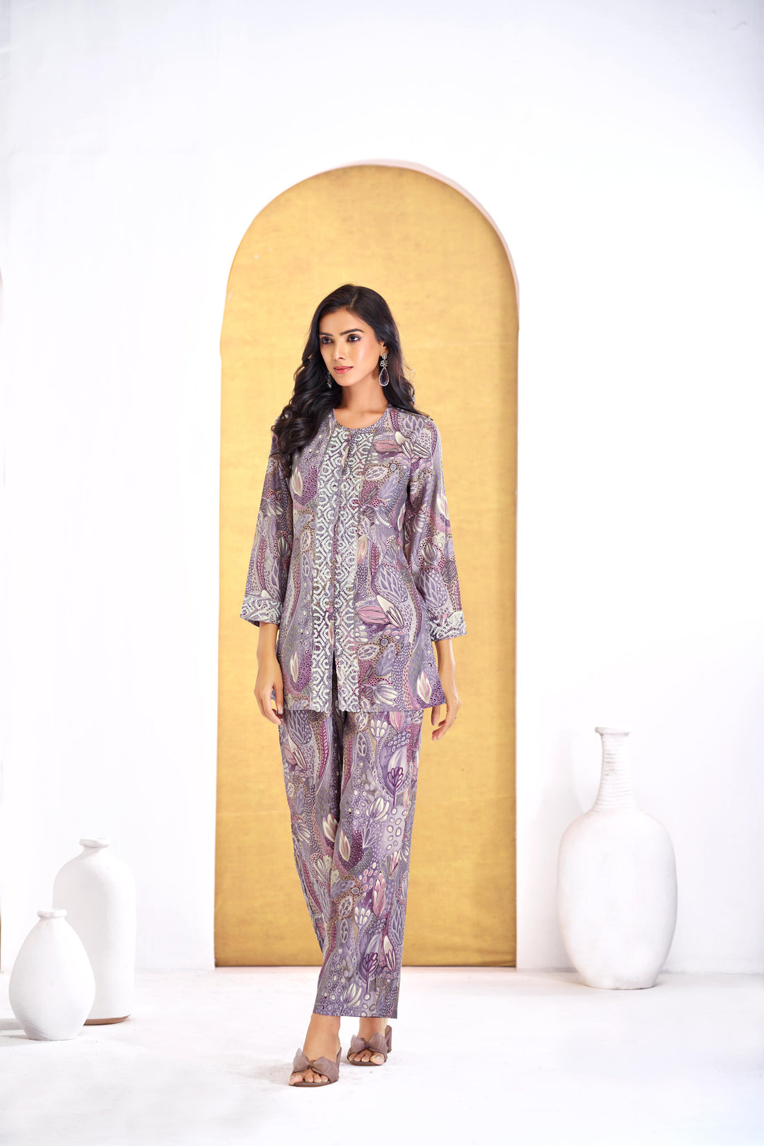 Modal Chanderi Saumya Muave Printed Co-Ord Set with Hand Beaded Placket and Sleeve Detailing