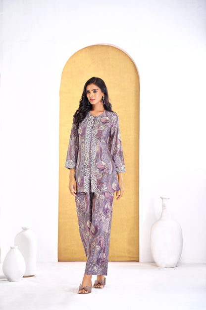 Modal Chanderi Saumya Muave Printed Co-Ord Set with Hand Beaded Placket and Sleeve Detailing
