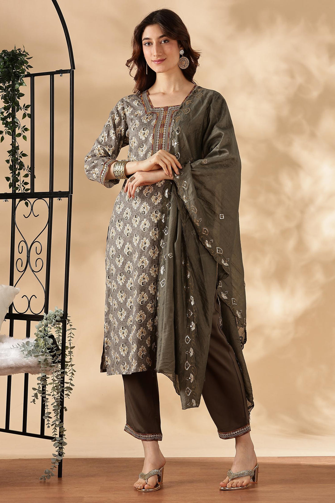Shamaira Grey Ethnic Printed Salwar Suit with Thread Embroidered Neck Panel in Viscose