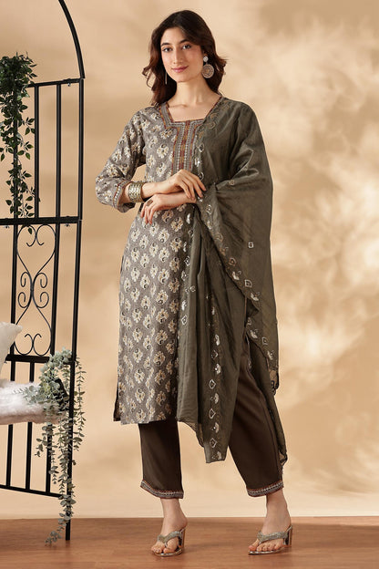 Shamaira Grey Ethnic Printed Salwar Suit with Thread Embroidered Neck Panel in Viscose