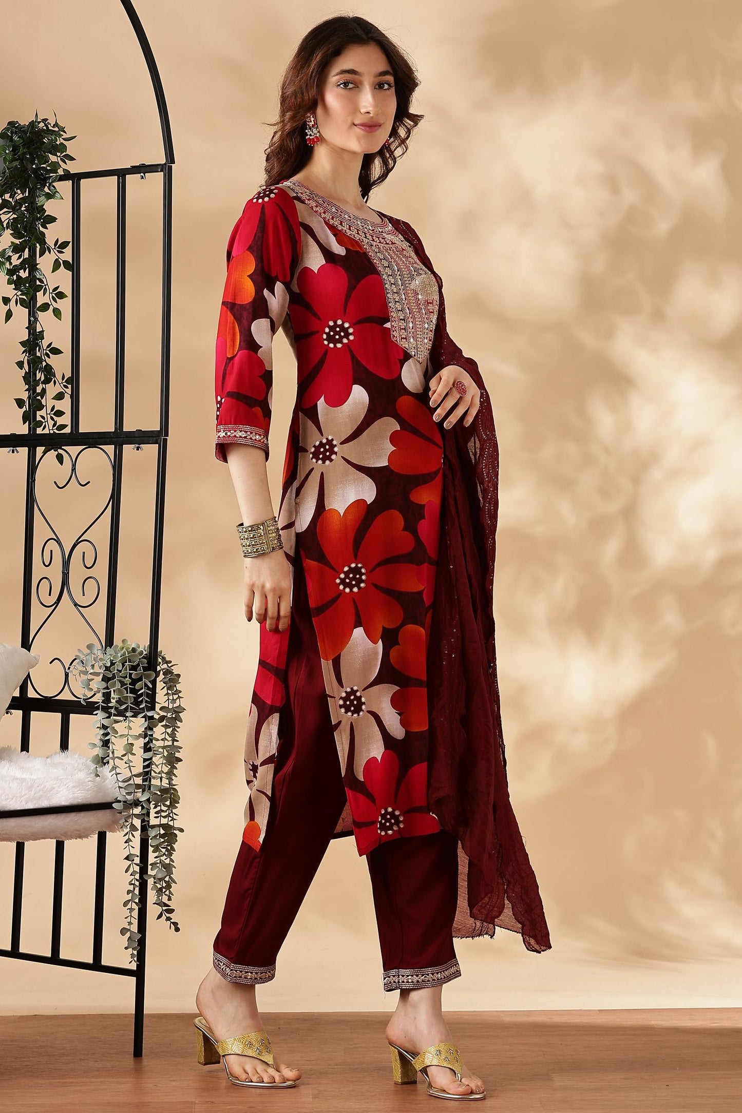 BulBul Roli floral Printed Red Rayon Salwar Suit