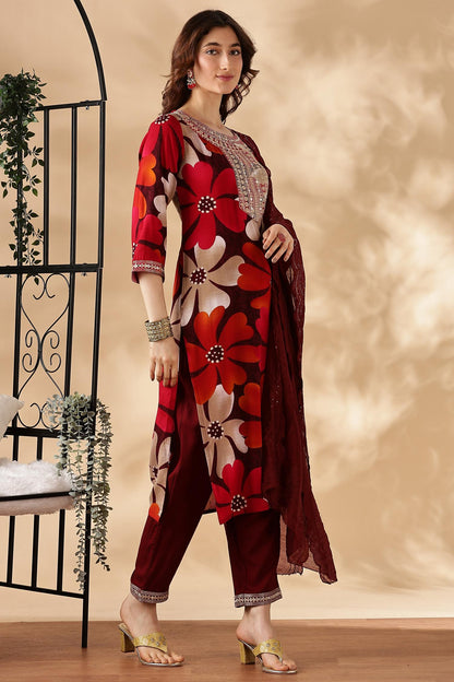 Roli Floral Printed Red Salwar Suit with Handcrafted Zari & Mirror Embroidered Neckline in Viscose