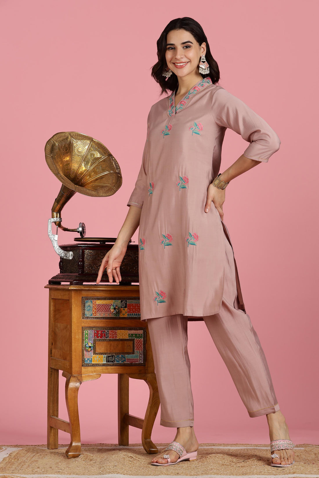 The Suitable Blush Pink Chanderi Silk Kurta Set for Women | Floral Kurta with Zari & Sequin Hand Embellished Neckline | Cotton Mul Lining | Straight Kurta Pant with Dupatta | Festive Ethnic Suit Set