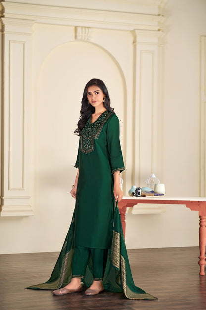 Ruhani Green & Gold Floral Zari Mirror Work Embroidered Yoke Kurta Set with Dupatta in Chanderi Silk with Cotton Mul Lining