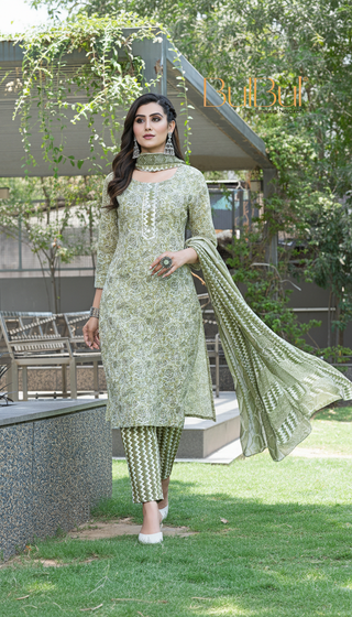 Pure Cotton Green Floral Printed Kurta Set with Silver Zari Thread & Sequin Embroidered Placket