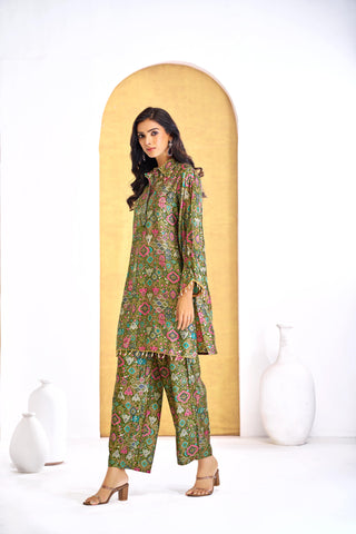 Pratiksha Olive Printed Modal Chanderi Co-Ord Set with Hand Embellished Mirror Placket and Pearl Drop Latkan Detailing