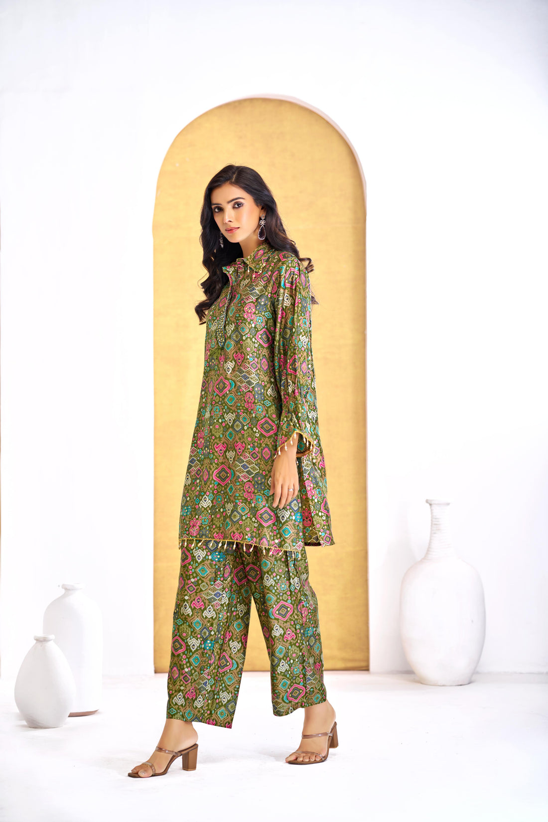 Pratiksha Olive Printed Modal Chanderi Co-Ord Set with Hand Embellished Mirror Placket and Pearl Drop Latkan Detailing