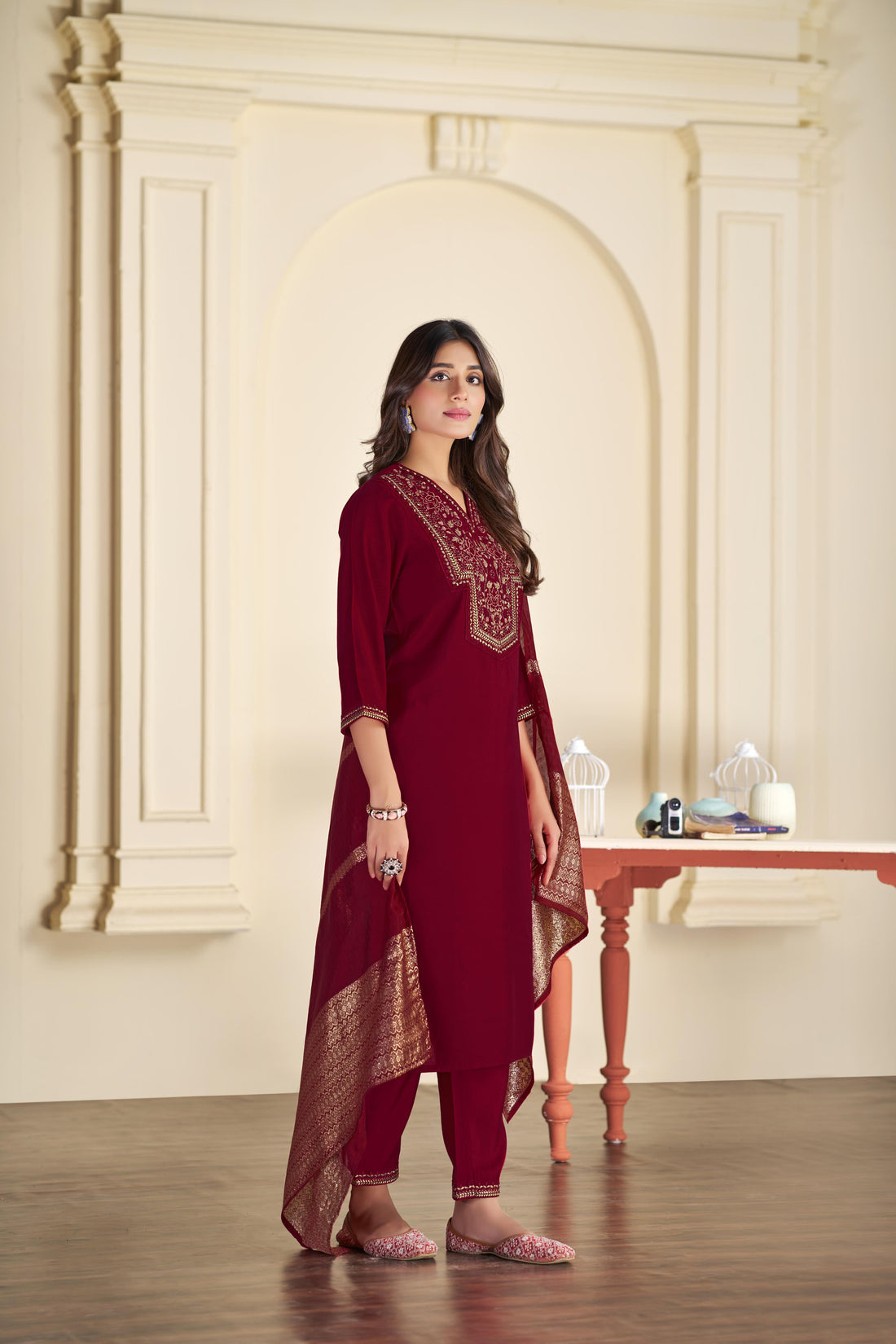 Ruhani Maroon & Gold Floral Zari Mirror Work Embroidered Yoke Kurta Set with Dupatta in Chanderi Silk with Cotton Mul Lining