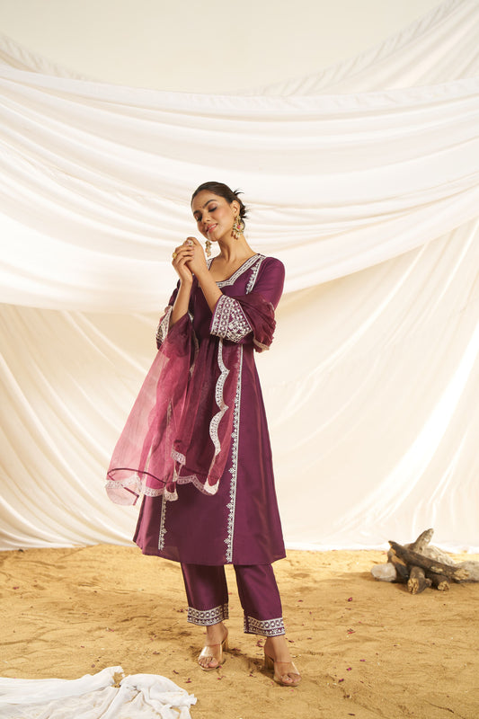 Kayra Wine Hand Aari Embroidered A-Line Suit Set in Chinnon Silk with Pure Cotton Mul Lining