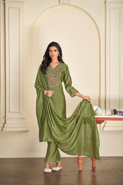 Preksha Olive Green Multi-Color Floral Embroidered Kurta Set with Hand Sequin Work & Sequin Dupatta in Chanderi Silk with Cotton Mul Lining