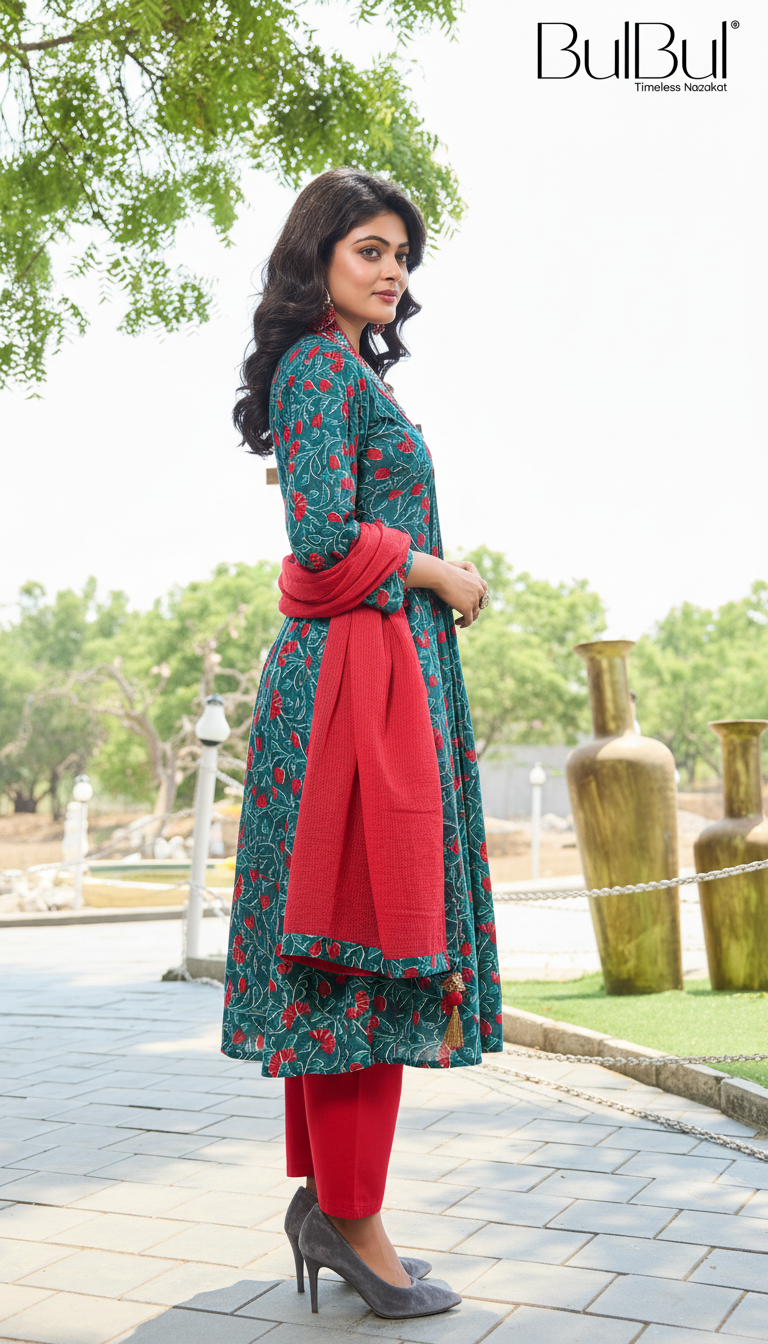 Pure Cotton Anupriya Blue Floral Printed Pure Cotton Kurta Set with Resham Thread Embroidered Neckline and Handcrafted Mirror Work with Dupatta