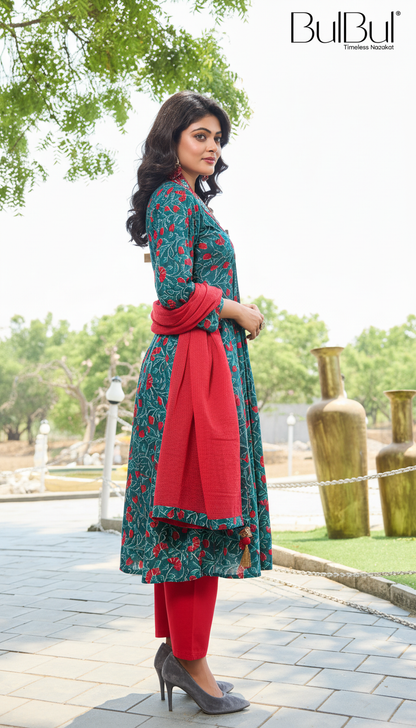 Pure Cotton Anupriya Blue Floral Printed Pure Cotton Kurta Set with Resham Thread Embroidered Neckline and Handcrafted Mirror Work with Dupatta