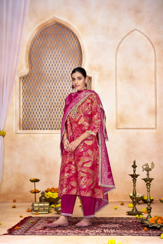 Rashmi Fuchsia Hand Zari and Sequins Embellished Work Suit Set in Chanderi Silk with Pure Cotton Mul Lining