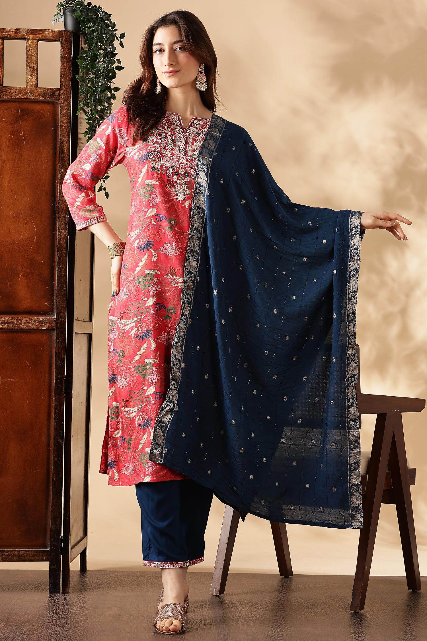 Alfina Red Rayon Kurta Set with Dupatta - BulBul