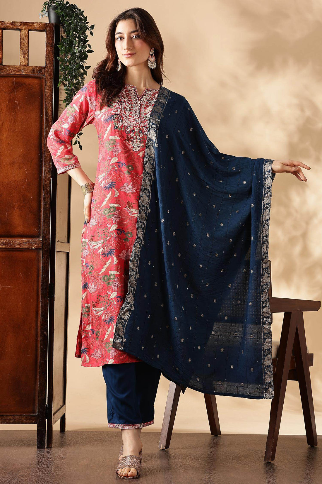 Alfina Red Rayon Kurta Set with Dupatta - BulBul