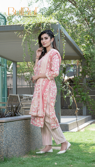 Pure Cotton Red Printed Kurta Set with Floral Sequin Highlights & Dupatta