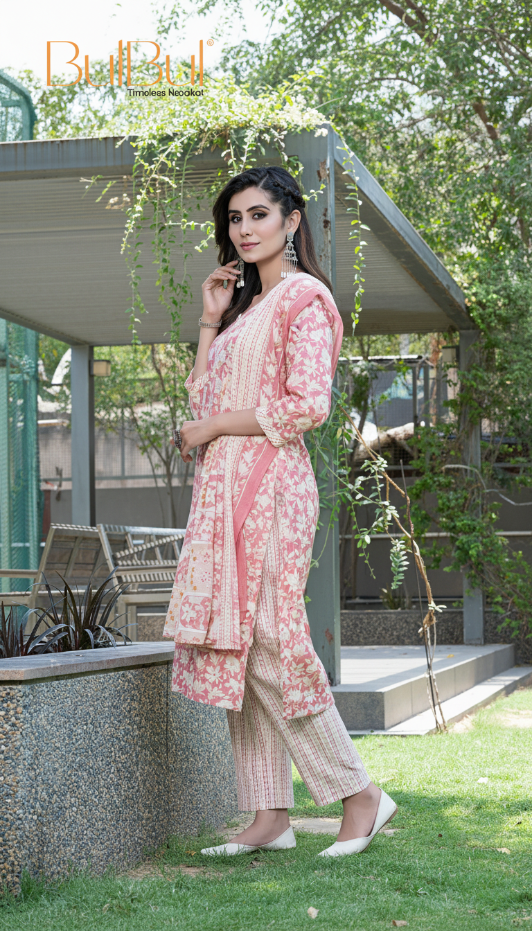 Pure Cotton Red Printed Kurta Set with Floral Sequin Highlights & Dupatta