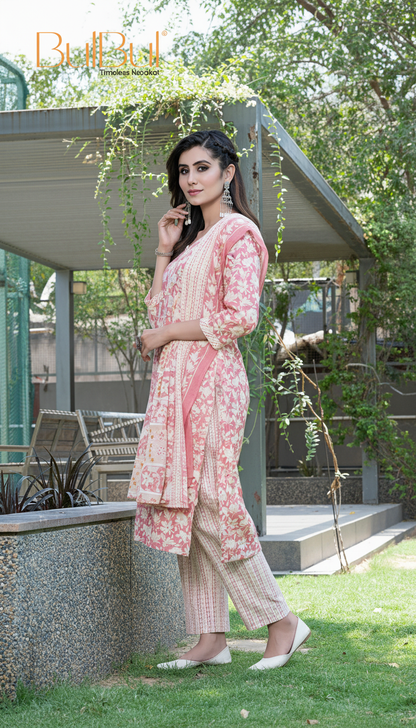 Pure Cotton Red Printed Kurta Set with Floral Sequin Highlights & Dupatta