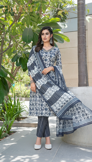 Pure Cotton Navy Floral Printed Kurta Set with Sequin Embellished Neckline & Dupatta