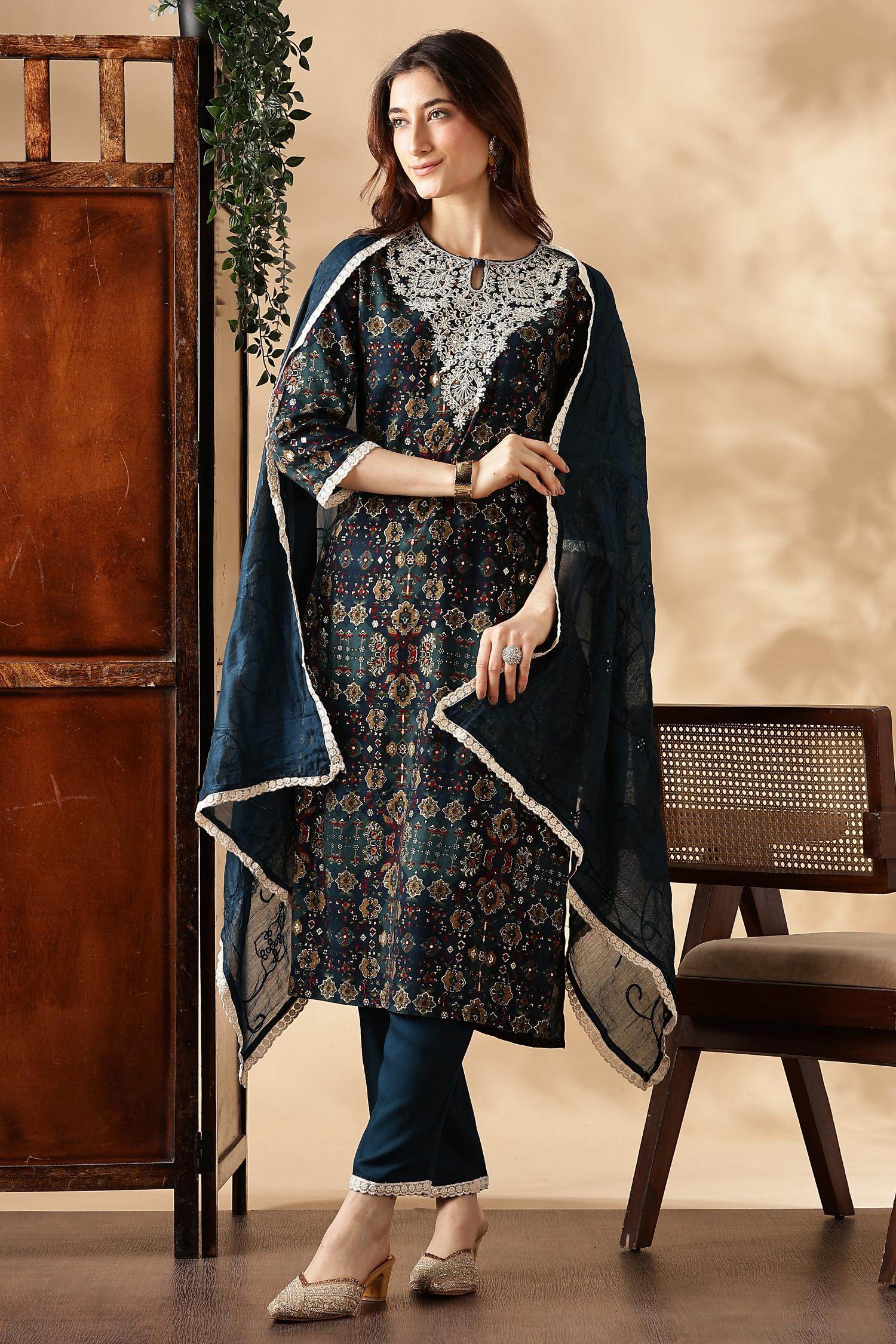 Anjali Rayon Teal Kurta Set with Dupatta - BulBul