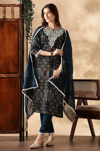Anjali Rayon Teal Kurta Set with Dupatta - BulBul