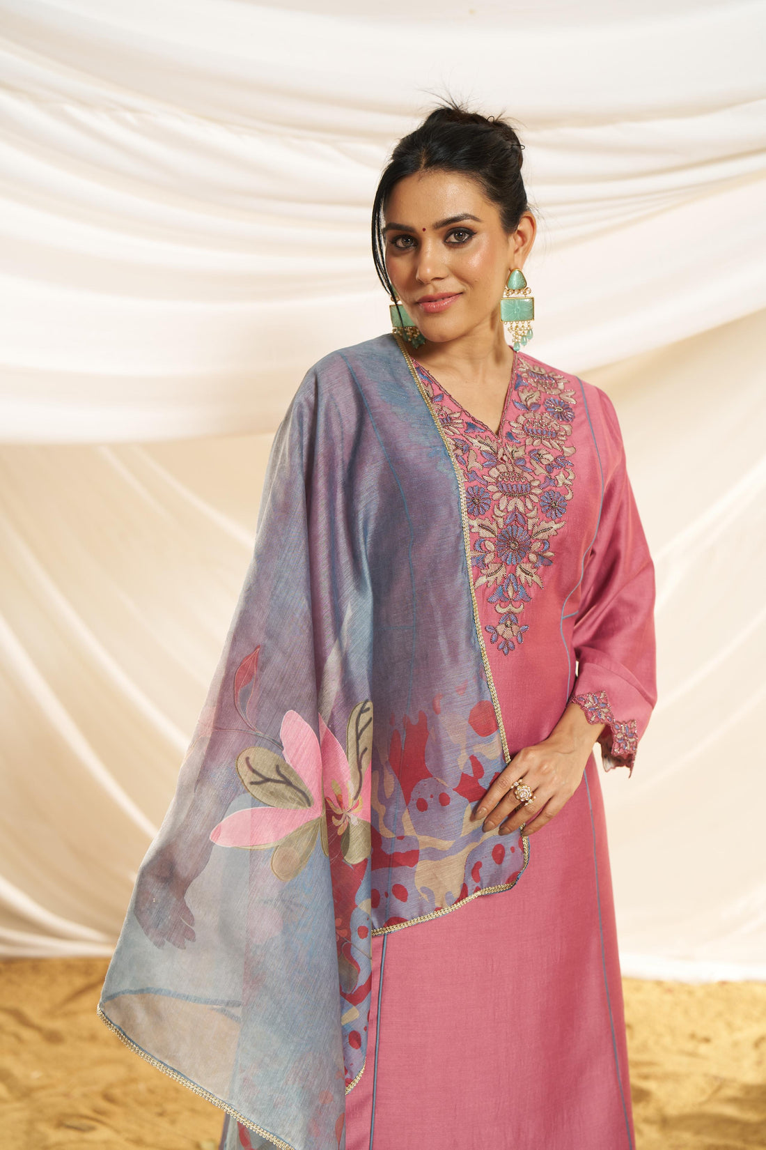 Kayra Blush Pink Hand Bead-Finished Embroidered A-Line Suit Set in Chinnon Silk with Pure Cotton Mul Lining