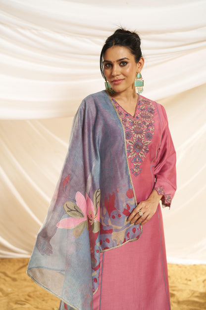 Kayra Blush Pink Hand Bead-Finished Embroidered A-Line Suit Set in Chinnon Silk with Pure Cotton Mul Lining
