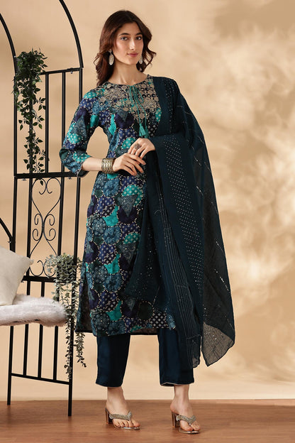 Kamolika Printed Aqua Salwar Suit with Hand Zari Thread Embroidered Neckline in Viscose